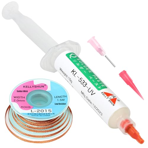 KELLYSHUN KL-533 No Clean Soldering Flux Paste & Solder Wick,Solder Flux for Electronics Soldering 10ML/Bottle (1 PACK), 4.9Ft Desoldering Wick (1 PACK)
