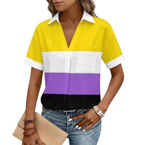 DQJUWQP Non-Binary Pride Flag Fashion Women Loose Collared Shirt Short Sleeve Soft Breathable Comfort Vacation Daily Work Tops Large