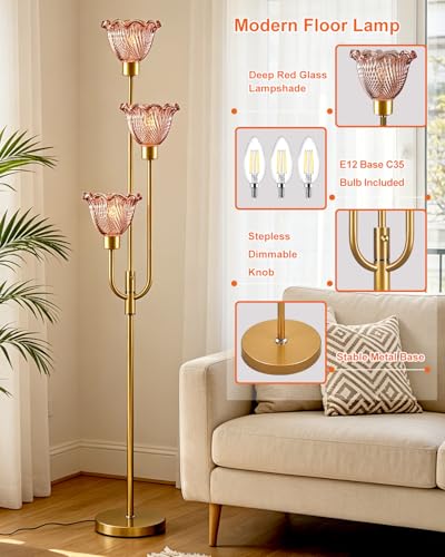 Image of Lightdot 3-Lights Glass Floor Lamp 66IN Modern Gold Dimmable Floor Lamps with 3000K Warm White Bulbs for Wedding Party Tall Standing Lamp with Deep Red Glass Shade for Living Room /Bedroom /Home Decor