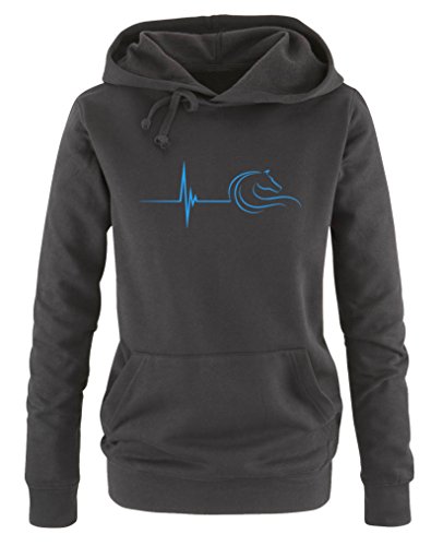 Comedy Shirts - Pulsschlag Pferd - Damen Hoodie - Schwarz/Blau Gr. M