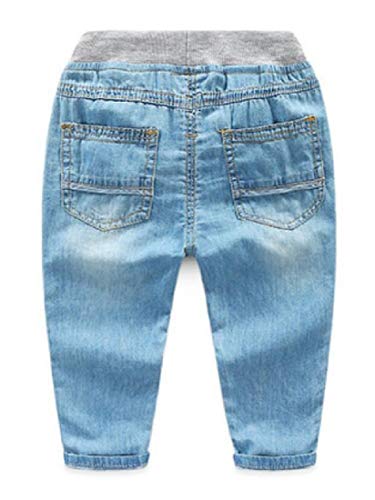 Calça jeans Hajotrawa casual com cintura elástica e perna reta fina lavada, Light Blue, 2T