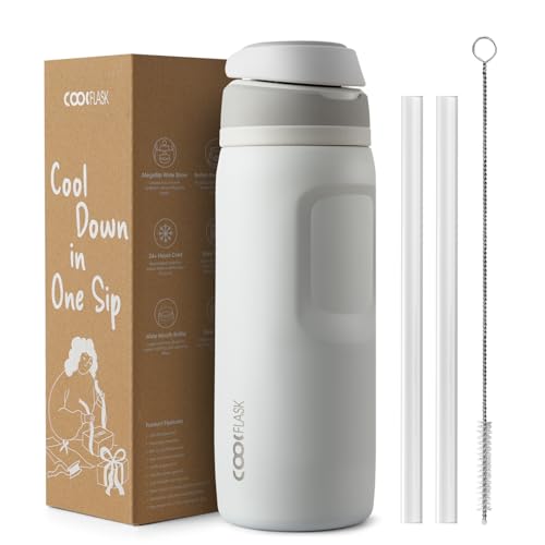 Image of Coolflask MegaSip Insulated Water Bottle 24 oz with Straw, Stainless Steel Water Bottles Leak-Proof, 24+ Hours Cold, BPA-Free Dishwasher Safe, Water Flask for Sports Gym Work Office, Glacier White