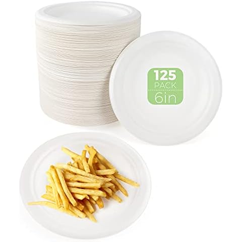 Azure Zone, 6 Inch-125 Pack, Compostable Paper Plates, Natural Sugarcane Bagasse Fiber Biodegradable, Disposable Plates Heavy-Duty, Eco-Friendly Cover