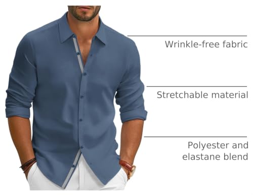 PJ PAUL JONES Mens Long Sleeve Button Down Shirts Wrinkle Free Casual Dress Shirt Lightweight Formal Shirts Denim Blue L — view 4