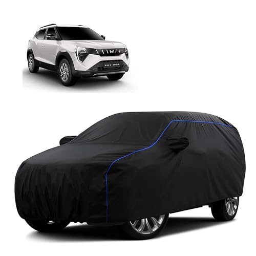 Image of Sulfar 100% Water Resistant Car Body Cover Compatible with Mirror for Mahindra XUV 3XO (Triple Stitched, Full Bottom Elastic, Black Tafetta with Blue Piping)