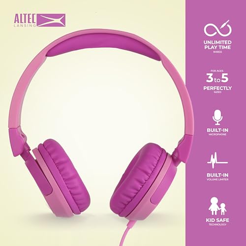 Image of Altec Lansing Kid Safe Wired Headphones, Over Ear Headphones for Kids Ages 3-5, Volume-Limiting Toddler Headphones with Mic, Compact Foldable Kids Headphones with Cord, APA Approved (Pink)