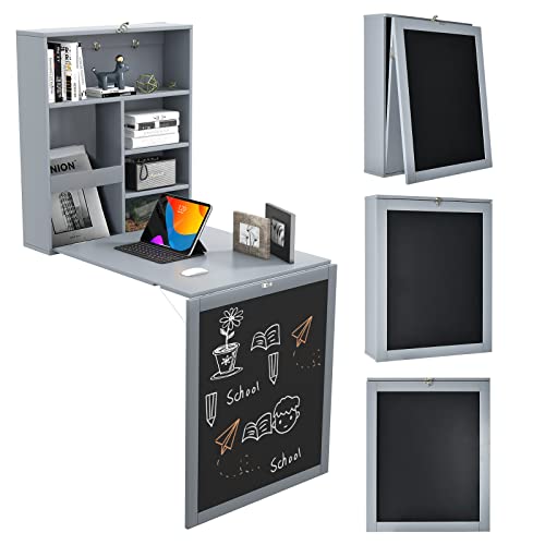 IFANNY Folding Wall Desk, Wall Mounted Fold Out Table with Storage Shelves & Hooks, Hideaway Desk Wall Mount with Chalkboard, Floating Corner Desk for Small Spaces (Gray)