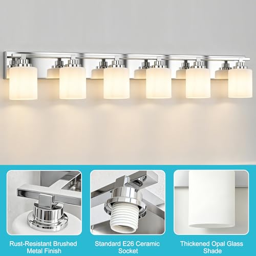 Image of Modern Bathroom Lighting Fixtures Over Mirror, Vanity Lights for Bathroom, Wall Sconces with Milky White Glass Shades, E26 Ceramic Socket, 6-Light 43-inch Chrome