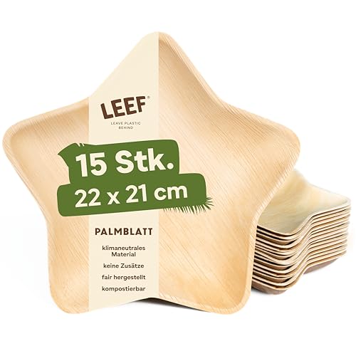 Leef 15x Palmblatt Teller Stern - Einweggeschirr kompostierbar und naturbelassen - 22 x 21 x 2.5 cm - Deko Snack Schale - umweltfreundlich - Geschirr Partygeschirr Einwegteller