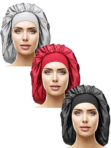 Gorro de Dormir de Satén Gorra de Noche de Banda Ancha Elástica Cubierta de Cabeza para Materiales de Dormir (3 Piezas, Conjunto de Estilos 4)