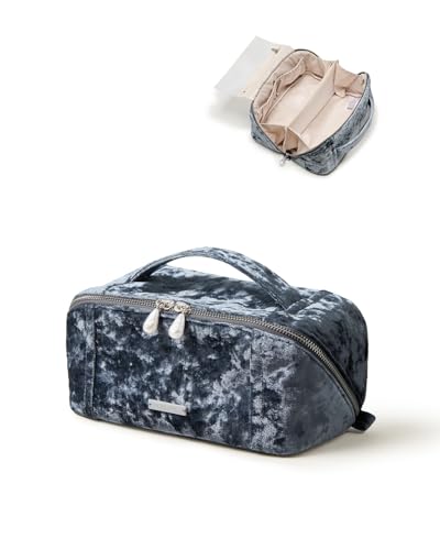 Image of EACHY Travel Makeup Bag, Large Capacity Cosmetic Bag for Women, Waterproof PU Leather, Flat Open Portable Toiletry Bag for Skincare, Brushes & Travel Essentials