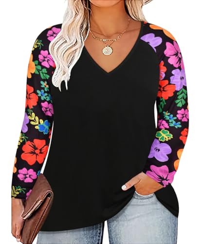 Image of TIYOMI Plus Size Tops for Women Raglan Long Sleeve V Neck T Shirts Casual Color Block Leopard /Floral Tops Winter Tee Shirt