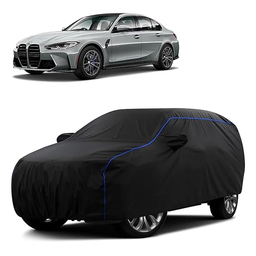 Image of Sulfar 100% Water Resistant Car Body Cover Compatible with Mirror for BMW M3 (Triple Stitched, Full Bottom Elastic, Black Tafetta with Blue Piping)