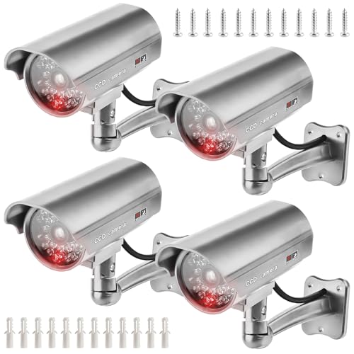 GOMETY Lot de 4 caméras factice d'extérieur - Fausse caméra de sécurité avec LED rouge clignotante - Caméra de surveillance factice - Pour l'intérieur et l'extérieur - Argenté