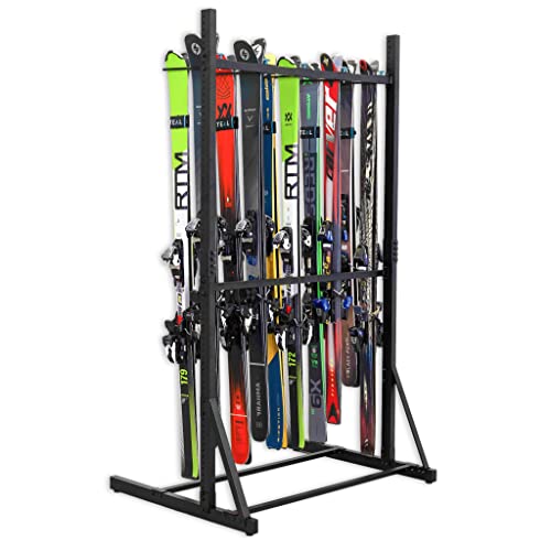 Teal Triangle Freestanding Ski Storage Rack For Garage, 10 Ski And Pole Organizer Floor Stand, Heavy Duty, Fully Adjustable For All-Mountain, Wide, Powder, And Backcountry Skis #TOP4