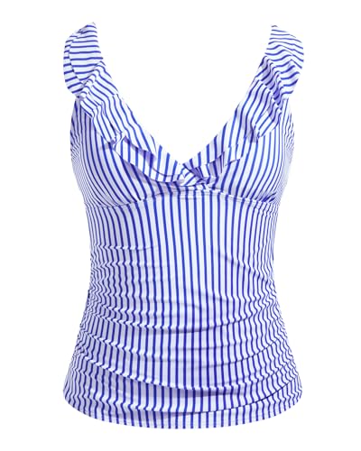 Image of Ruffle V Neck Tankini Top Only Women Tummy Control Swimsuit Tank Top | Removable cups for custom bust lift, Blend soft spandex to stretch easily
