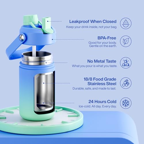 Image of Kids Insulated Water Bottle with Straw - 12oz Stainless Steel Water Bottle with Dual Spouts, Leak-Proof, BPA-Free, Double Wall Vacuum Keeps Cold for 24 Hours for Sports, Travel (Frosted Lilac)