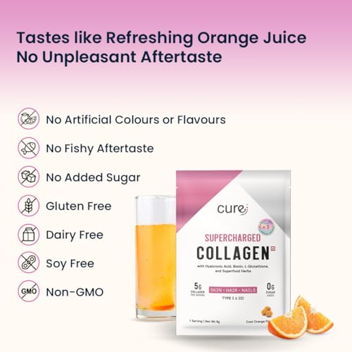 Image of Supercharged Collagen Powder Pack of 5 x 8g | Type I and III Collagen Peptides with Biotin L-Glutathione Sea Buckthorn | Skin Hair Nails Support |Orange | Men and Women