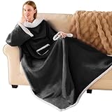 IFNOW Sherpa Wearable Blanket with Sleeves for Women Men Adults, Christmas Birthday Gifts for Women Mom Wife, Cozy Wearable Blanket with Arm and Pocket, Warm Full Body TV Wrap Throw Blanket, Black