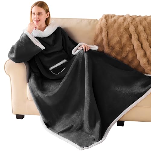 IFNOW Sherpa Wearable Blanket with Sleeves, Black