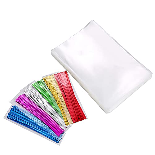 Macoota 100 Pcs 16" X 24" Large Clear Thick Cello Treat Bags Flat Cellophane Bags With 6 Colors Twist Ties Packaging Wrapping Gift Baskets Baby Showers Weddings Presents Cellophane Bags #TOP4