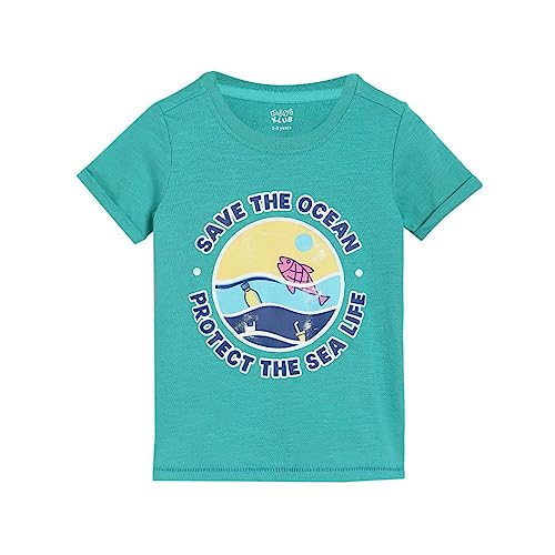 Image of miniklub Boys Green Printed Round Neck Pure Cotton T-Shirt