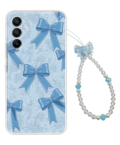 Image of COBERTA Printed Back Cover for Samsung Galaxy A15 5G Back Cover Case with Phone Charm Chain Strap Beads & Pearls for Girls Stylish - Blue Ties Bows - D16971