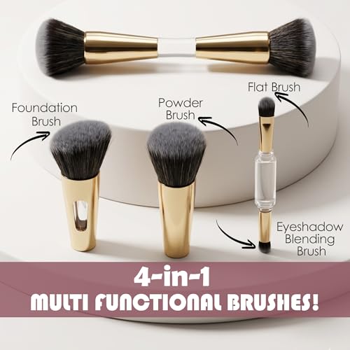 Image of GLUN 4in1 Makeup Brush Set, (2 Mini & 2 Big) Dual-Ended Soft Bristle Beauty Brushes Golden Chrome Finish with Elegant Flawless Face & Powder Application