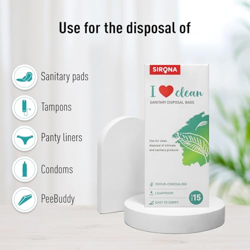Image of Sirona Personal Disposal Bags - 15 Bags for Discreet Tampons, Sanitary Pads /Napkin, Panty Liners, Tampons & Condoms | Menstrual Care and Hygiene Products