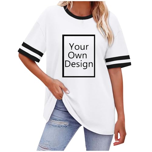Personalised T Shirt for Women Oversized Tshirts Printed with Custom Text Photo Half Sleeve Tops Printing Crew Neck Shirt Print Your Own Tee Shirts Customisable Ladies Tops White M