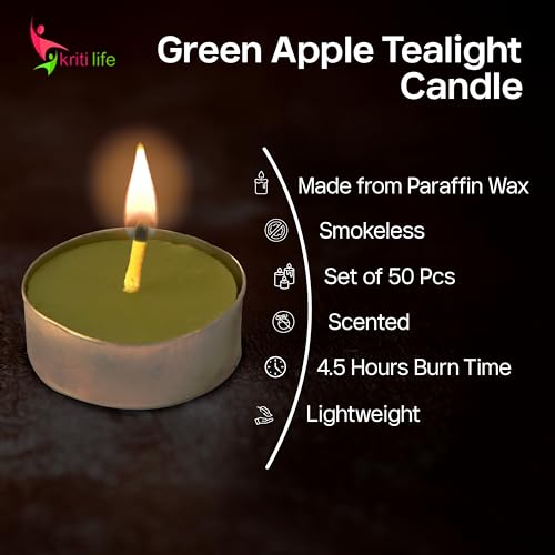 Image of Kriti Life Green Apple Scented Tealight Candles - 100% Paraffin Wax, Smokeless, Long Burn Time (4.5 Hours), Dripless Green Candles for Home Decor, Diwali, Weddings & Meditation - Set of 50