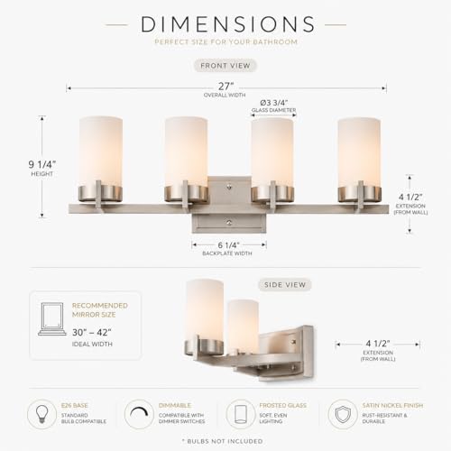 Image of 4-Light Bathroom Vanity Light, Brushed Nickel Vanity Light with Frosted Glass Shades, E26 Base Bathroom Light Fixture, Dimmable, Up or Down Wall Mount Lighting for Bathroom Mirror