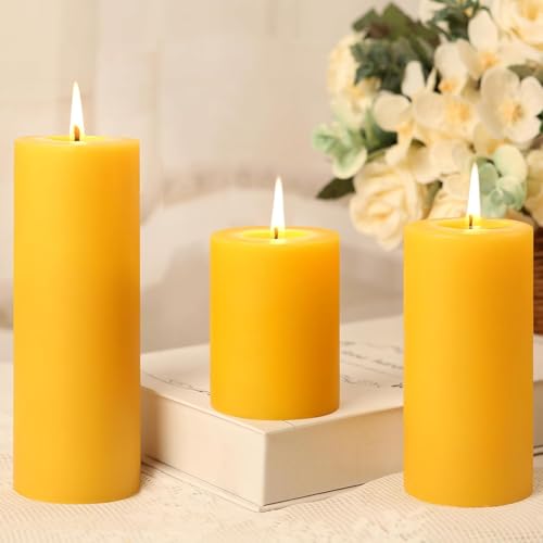 Natural Beeswax Pillar Candles, 127 Hours Long Burning Time Beeswax Emergency Candles Unscented Bees Wax Candles Smokeless Dripless Bees Wax Candle for Home Paryer Relax, 2x3in,1.89x4in,2x6in