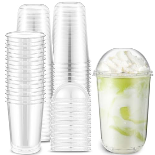 50 Set Clear Plastic Cups with Dome Lids Disposable Pet U Shaped Togo Cups 16 oz Round Bottom for Snack Cold Drink Juice Cocktail Ice Cream Tea Smoothie Milkshake Wedding Birthday Party Catering