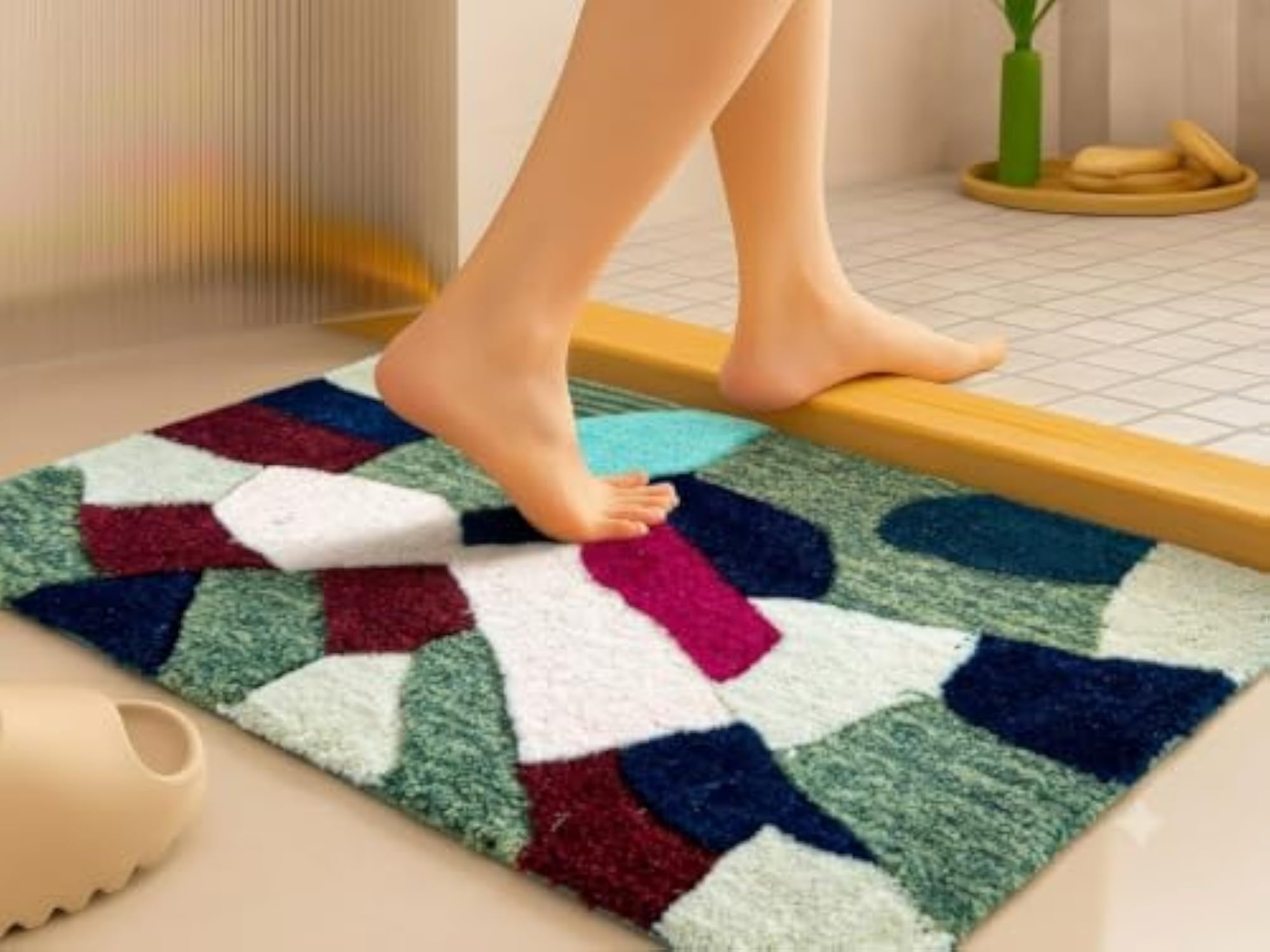 Hand Tufted Wool Bath Mat, Soft Absorbent Non-Slip