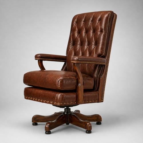 Image of LAKDI Furniture Premium Genuine Leather Executive Office Chair with Tufted High Back, Wooden Arms & Swivel Base | Ergonomic CEO Boss Chair for Home & Office | 5 Year Warranty | Free Assembly