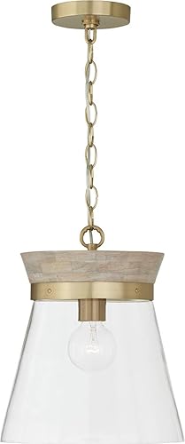 Capital Lighting 347311WS Finn - Lámpara colgante de techo moderna bohemia artesanal de madera de mango con cono de vidrio transparente, 1 luz de