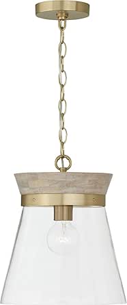 Capital Lighting 347311WS Finn Modern Bohemian Handcrafted Mango Wood Clear Glass Cone Pendant Ceiling Light Fixture, 1-Light 100 Watt, 14" H x 12" W, White Wash and Matte Brass