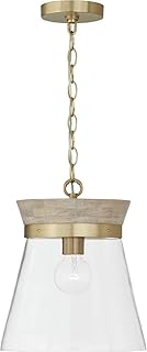 Capital Lighting 347311WS Finn Modern Bohemian Handcrafted Mango Wood Clear Glass Cone Pendant Ceiling Light Fixture, 1-Light 100 Watt, 14" H x 12" W, White Wash and Matte Brass