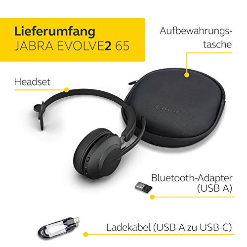 Jabra Evolve2 65 Wireless PC Headset – Noise Cancelling Microsoft Teams Certified Mono Headphones with Long-Lasting Battery – USB-A Bluetooth Adapter – Black