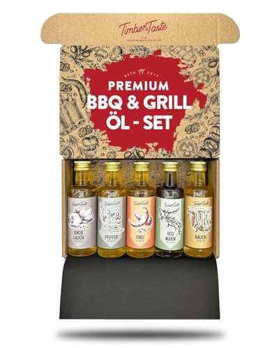 TIMBER TASTE® Öl Geschenkset Männer & Frauen [BBQ - 5x40ml] - 5 erlesene Essige & Speiseöle - Kochbox Koch Set - Geschenkideen für Mannr & Frau - Geschenk Gewürzset zum Kochen für Ihn & Sie