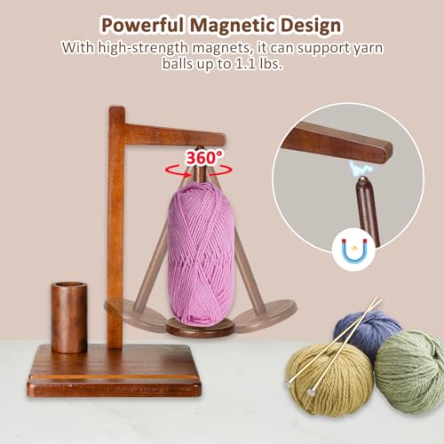 Image of Wooden Yarn Holder with Phone Stand and Crochet Hook Storage - Magnetic Yarn Spool for Knitting and Crocheting, Ideal Choice for Craft Lovers