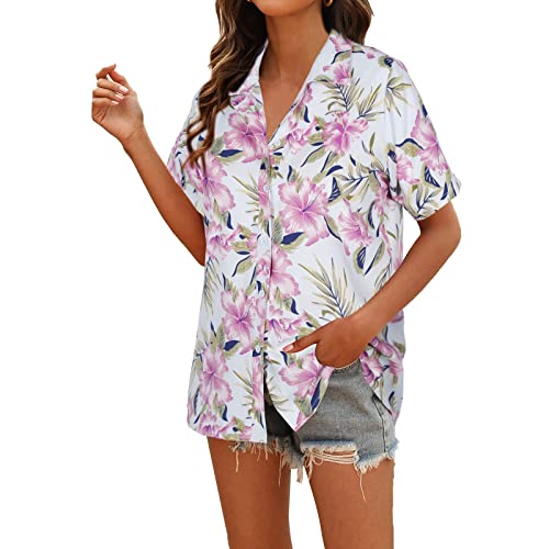 Myhalf Hawaiian Shirts For Women : Floral Printed Tropical Tops Button Down V Neck Short Sleeve Shirt #TOP1