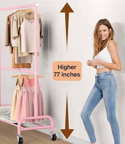 MISSLO Kids Dress-Up Storage Rack for Girls - Heavy Duty Rolling Clothing Rack in Pink