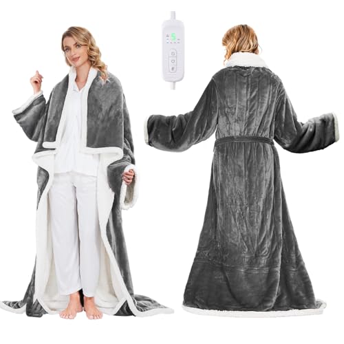 Portable Heated Blanket - Wearable Heated Blanket Throw with Foot Pockets Sleeves Flannel Sherpa Wearable Blanket 8 Heating Levels & Timer Snuggle Blankets for Home Office - Heated Robe 50*70