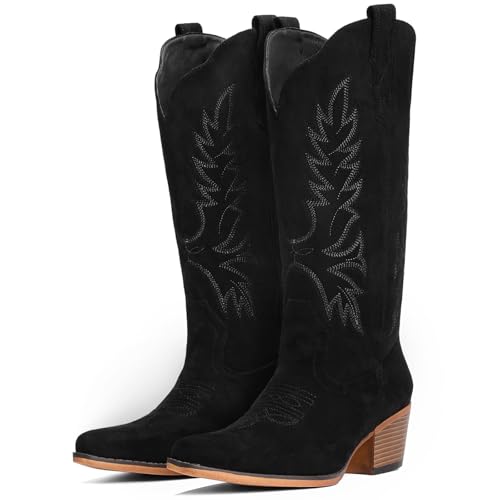 Image of Suede Cowboy Boots for Women Mid Calf Western Cowgirl Boots | Retro Embroidered Snip Toe Chunky Heel Western Boot for Country Concert Music Festival Cowboy Chic