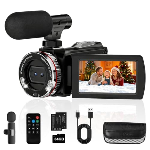 4K Camcorder Video Camera for YouTube, 64MP Vlogging Camera with 21X Digital Zoom, 3.0'' Rotatable Screen, LED Fill Light, External Microphone, Remote, 2 Batteries, 64GB Card
