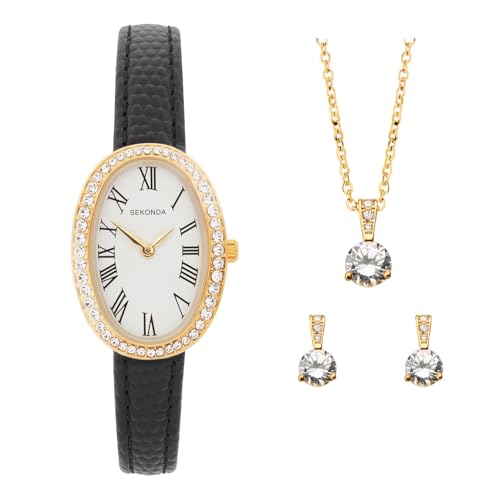 Sekonda Bellamy Ladies 23mm Stone Set Gift Set in Gold with Analogue Display and Black Leather Strap