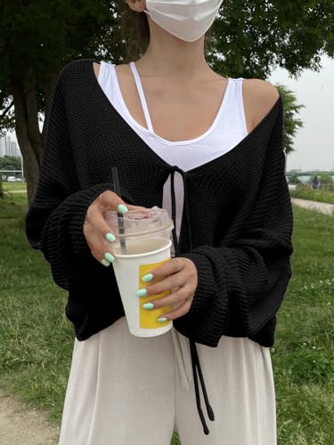 Image of Floerns Women's Drop Shoulder Tie Front Cardigan V Neck Long Sleeve Solid Sweater
