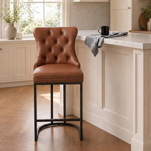 Image of UVV Counter Height Bar Stools Set of 1, 26 inch Modern Barstools with Back, Faux Leather Upholstery Counter Chairs with Metal Legs for Kitchen Island, Bar, Counter, Brown